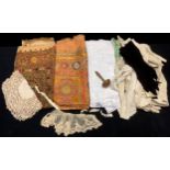 Textiles - a hand stitched cloth; another similar; a white lace edged cloth; lady's white leather