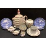 A Coalport Pageant pattern miniature teapot, milk jug and sucrier; a Coalport miniature Ming Rose