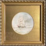 In the manner of WEJ Dean Ship at sail signed, watercolour, circular mount, 10.5cm diameter, framed,