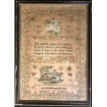 A Victorian needlework sampler, embroidered by Sarah Elizabeth Pegge, age 11, 1865, with stylsied