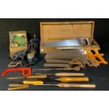 Carpentry Tools - a WWII munitions crate containing an assortment of woodworking tools, saws,