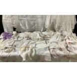 Textiles - embroidered table cloths, lace edged doilies, other tray cloths, assorted; qty