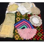 Textiles - tray cloths, lace edged cloths, assorted doilies, qty