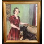 English School Society Portrait of a young lady with black Scottish Terrier monogrammed SEM, dated