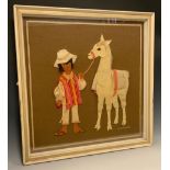 Kailer Lowndes, 'Boy with Llama', signed, fabric collage, 62cm x 62cm; another, by the same