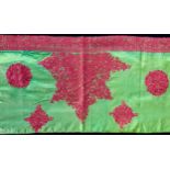 A Late 19th century Indian Silk Scarf/wall hanging, the green silk embroidered with stylised