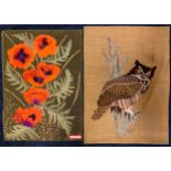 Margaret Green, 'Eagle Owl' and 'Poppies', two applied fabric collages, one signed, 64cm x 46cm, and