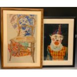 John Erskine, by and after, 'Clown', lithograph, 50cm x 33cm; Celia Ellis, 'Chair and Fabric',