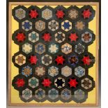An early 19th century Silk Patchwork section, framed, 74cm x 63cm; another two contemporary