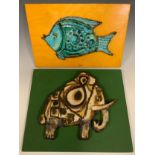 Collaford Pottery, 'Elephant', stoneware plaque, 30.5cm x 25.5cm; 'Fish', stoneware plaque, 20.5cm x