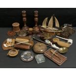 Boxes and Objects - a pair of 20th century oak candle sticks, fishing reels, clay pipes, hand