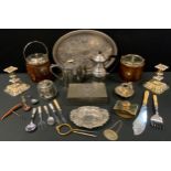 Plated Ware - candlesticks; trays; EPBM teapot; brass desk blotter; biscuit barrels; etc