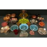 Victorian and later decorative glass - Carnival glass, twin-handled pedestal cup, wavy edge bowls,