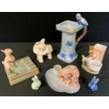 Decorative ceramics - Denby lamb, tiny Marmaduke rabbits; Flaxman ware budgerigar vase; etc