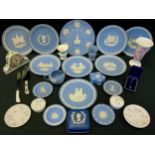 Wedgwood Blue Jasperware Christmas plates; trinket pots; othes, Ivy Rose, Meadow Sweet; etc