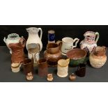 A Lambeth Salt glaze stoneware hunting jug, c. 1840; 19th century stoneware jelly mould; Royal