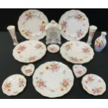 Royal Crown Derby Posies Ware - a mantel clock, two spill vases, trinket dishes, five wavy edge