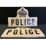 A pottery sign, Police, 49cm wide; another (2)