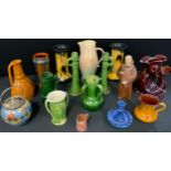 Decorative ceramics - Belgian art pottery, twin-handled vase, pair of tall candlesticks, quad