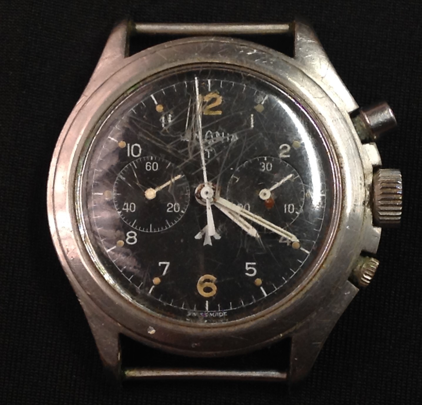 Post War 1970's British Military issue twin button Lemania Chronometer watch head, black dial,