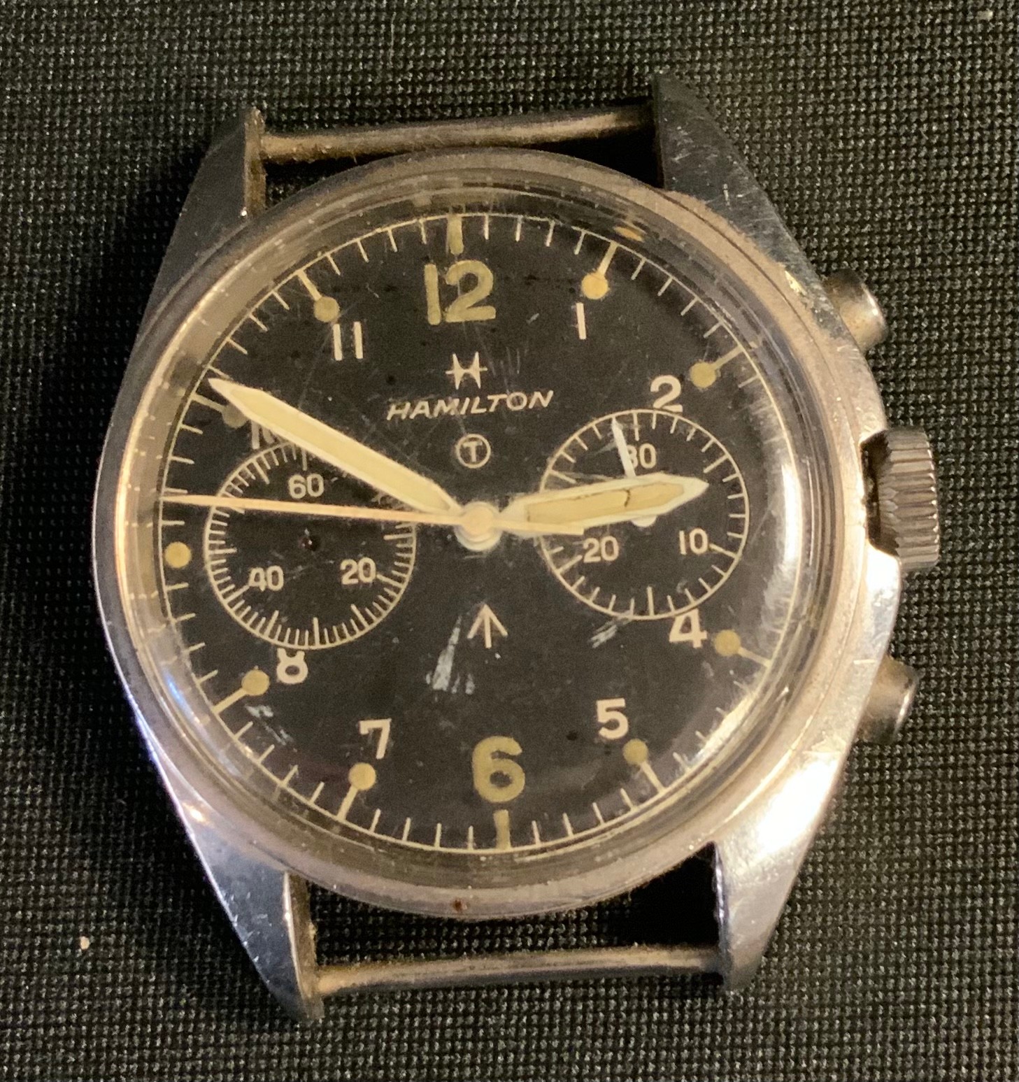 Post War British Military issue 1970s Hamilton Chronometer watch head, black dial, twin subsidiary - Image 2 of 3