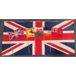 A Screen Printed Union Flag, marked "British Made", size 173cm x 83cm. Plus five screen printed