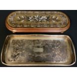 A Victorian mahogany and beadwork table stand; a silver plated shaped rectangular gallery tray (2)