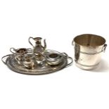 A silver miniature tea service and tray; a silver miniature ice bucket (6)