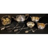 Plated Ware - a Walker & Hall plated three piece tea service; serving tongs; egg cup stand; etc