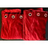 Textiles - a large pair of red velvet curtains, eyelet top, 325cm width x 230cm length