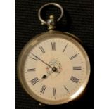 A French silver lady?s open face pocket watch, white enamel dial, Roman numerals, central painted