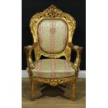 A Louis XV style 'gilt'wood reception fauteuil à la reine or open armchair, 117cm high, 77cm wide,