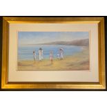 Elise Beach Scene with Figures signed, oil, 20.5cm x 38cm