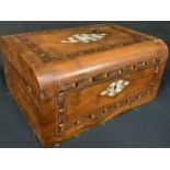 A Victorian walnut and abalone parquetry inlaid workbox, 29.5cm long