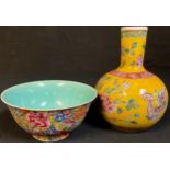 A Chinese bowl, brightly painted with flowers, turquoise interior, 15cm diam, seal mark; a Chinese