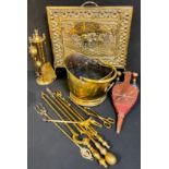 Brassware - Georgian fire tongs; a fireside companion set with thistle finials; other fireside
