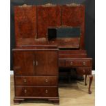 A walnut veneer four-piece bedroom suite, comprising wardrobe, 203cm high, 183cm wide, 53cm deep,