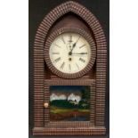 An American mahogany lancet wall clock, moulded case, glass panel depicting McClean Asylum,