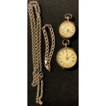 A silver open faced pocket watch; another, fob, 800; a silver chain; etc