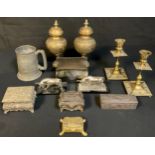 Boxes and Objects - a pair of Victorian brass candlesticks; a pair of Indian vases and covers;