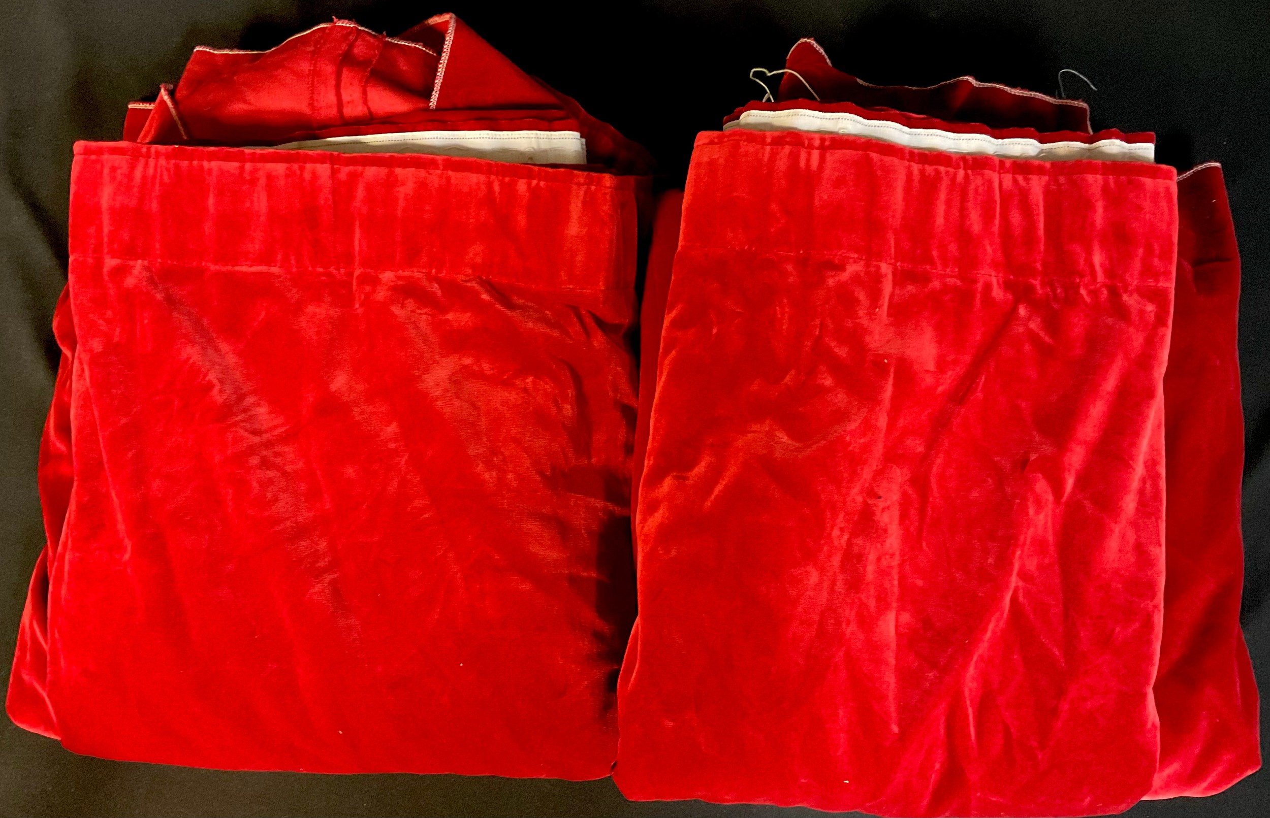 Textiles - a pair of red velvet curtains, 280cm width x 185cm length