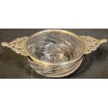 A silver mounted glass quaich, Sheffield 1894