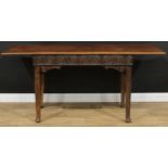 A 17th century style oak side table or serving table, oversailing rectangular top above a deep