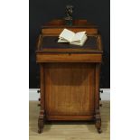 An Edwardian satinwood banded mahogany Davenport desk, hinged superstructure above a sloping writing