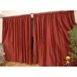 Two pair of curtains, embroidered in gold with fleur de lys on a red ground, 208cm drop, 420cm