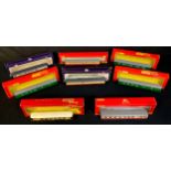 OO Gauge coaches including Bachmann, Tri-ang Hornby and Hornby, each boxed (8)