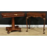 A George II style walnut and mahogany hipped rectangular card table, straightened cabriole legs,