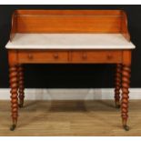 A Victorian oak washroom side table or washstand, marble top with three-quarter gallery above a pair