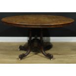 A Victorian walnut and marquetry oval centre table, mahogany quad-columnar base, 72cm high, 135cm