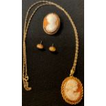 A 9ct gold mounted carved shell cameo pendant, with 9ct gold pendant chain, 7.4g gross; a 9ct gold